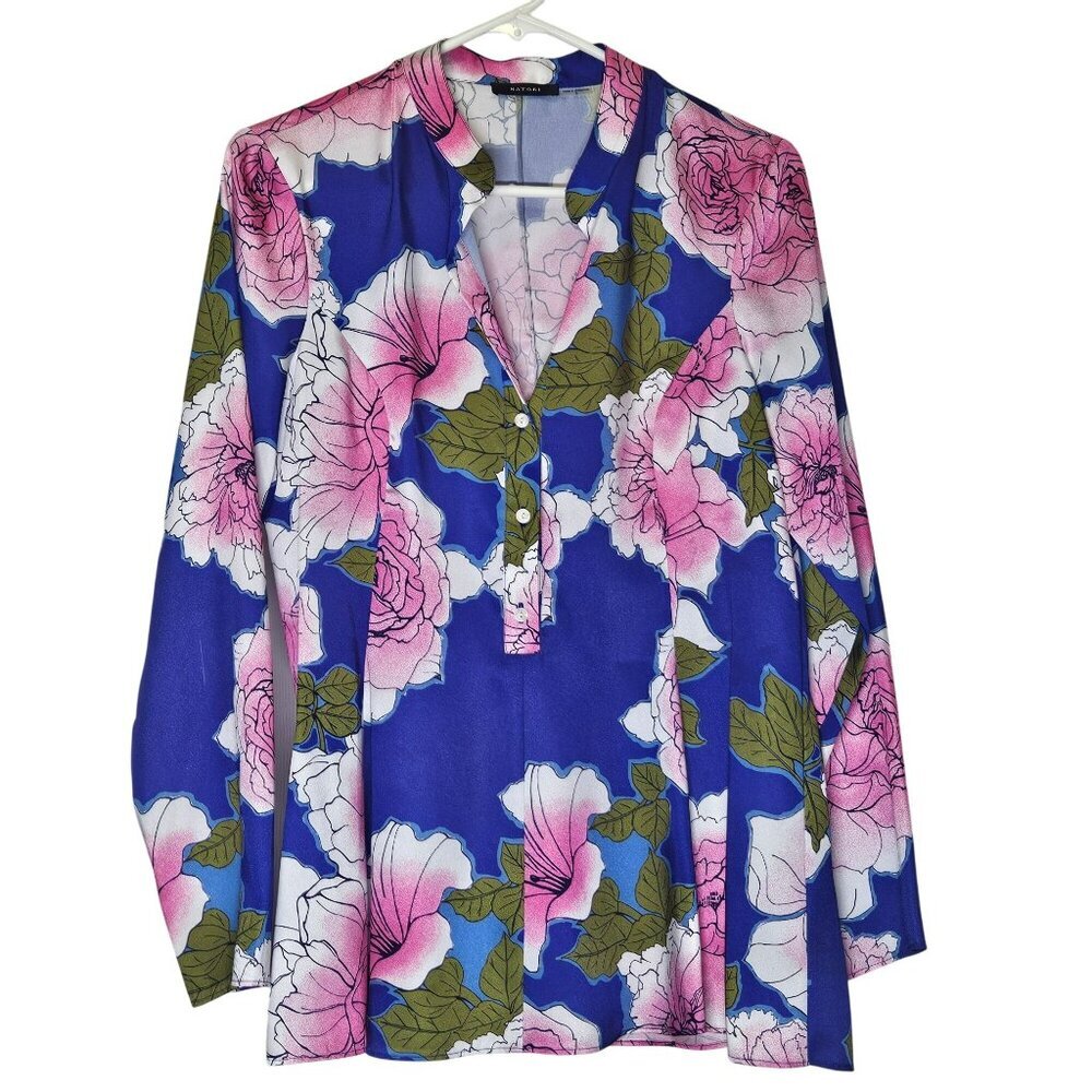 Natori Womens Floral Print Long Sleeve Blouse Top Size S Cotton Blend Blue Pink‎
